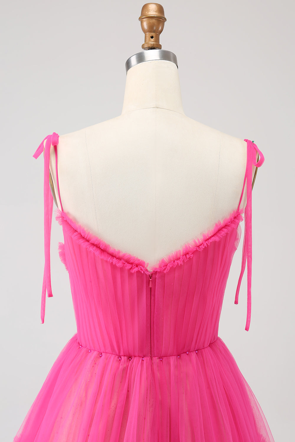 Fuchsia A-Line Spaghetti Straps Ruffled Long Tulle Ball Dress