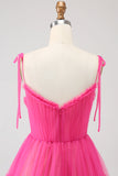 Fuchsia A-Line Spaghetti Straps Ruffled Long Tulle Ball Dress