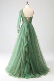 Dark Green A-Line One-Shoulder Long Ball Dresses With Long Sleeves