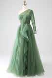 Dark Green A-Line One-Shoulder Long Ball Dresses With Long Sleeves