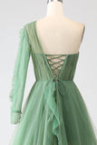 Dark Green A-Line One-Shoulder Long Ball Dresses With Long Sleeves