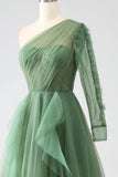Dark Green A-Line One-Shoulder Long Ball Dresses With Long Sleeves
