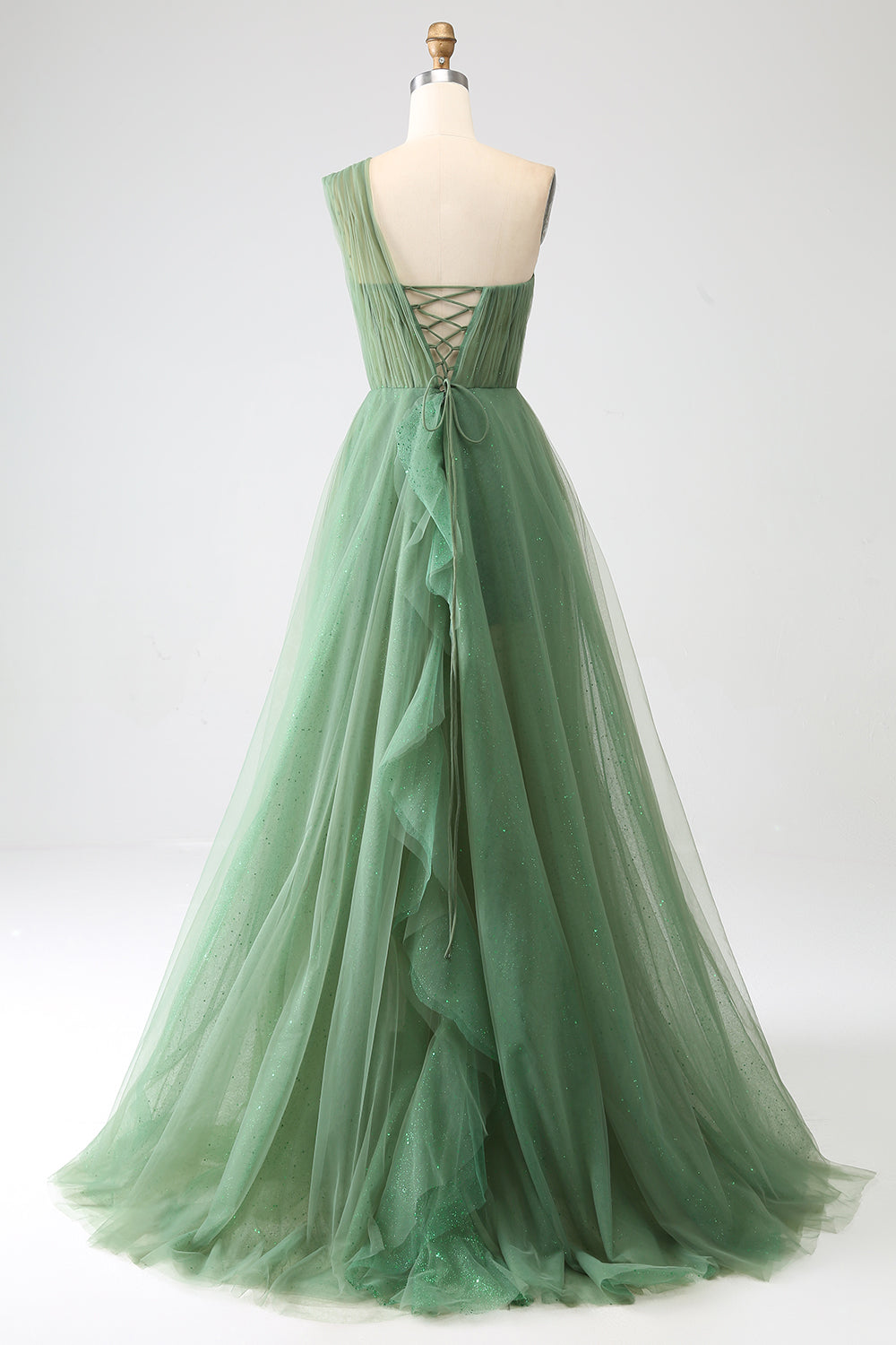 Dark Green Tulle A-Line One-Shoulder Long Ball Dresses