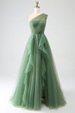 Dark Green Tulle A-Line One-Shoulder Long Ball Dresses