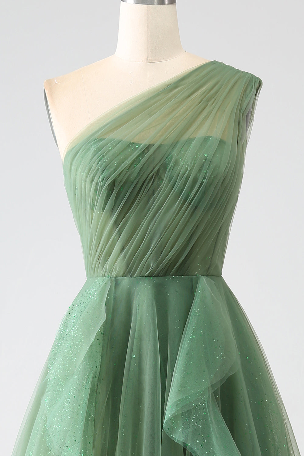 Dark Green Tulle A-Line One-Shoulder Long Ball Dresses