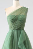 Dark Green Tulle A-Line One-Shoulder Long Ball Dresses