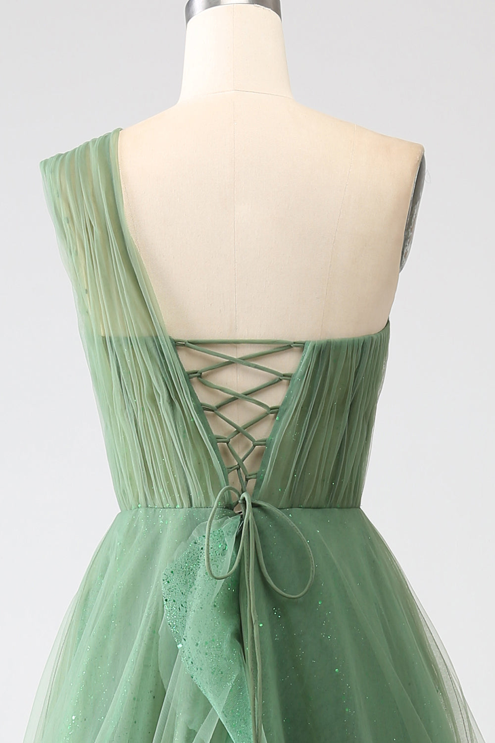 Dark Green Tulle A-Line One-Shoulder Long Ball Dresses