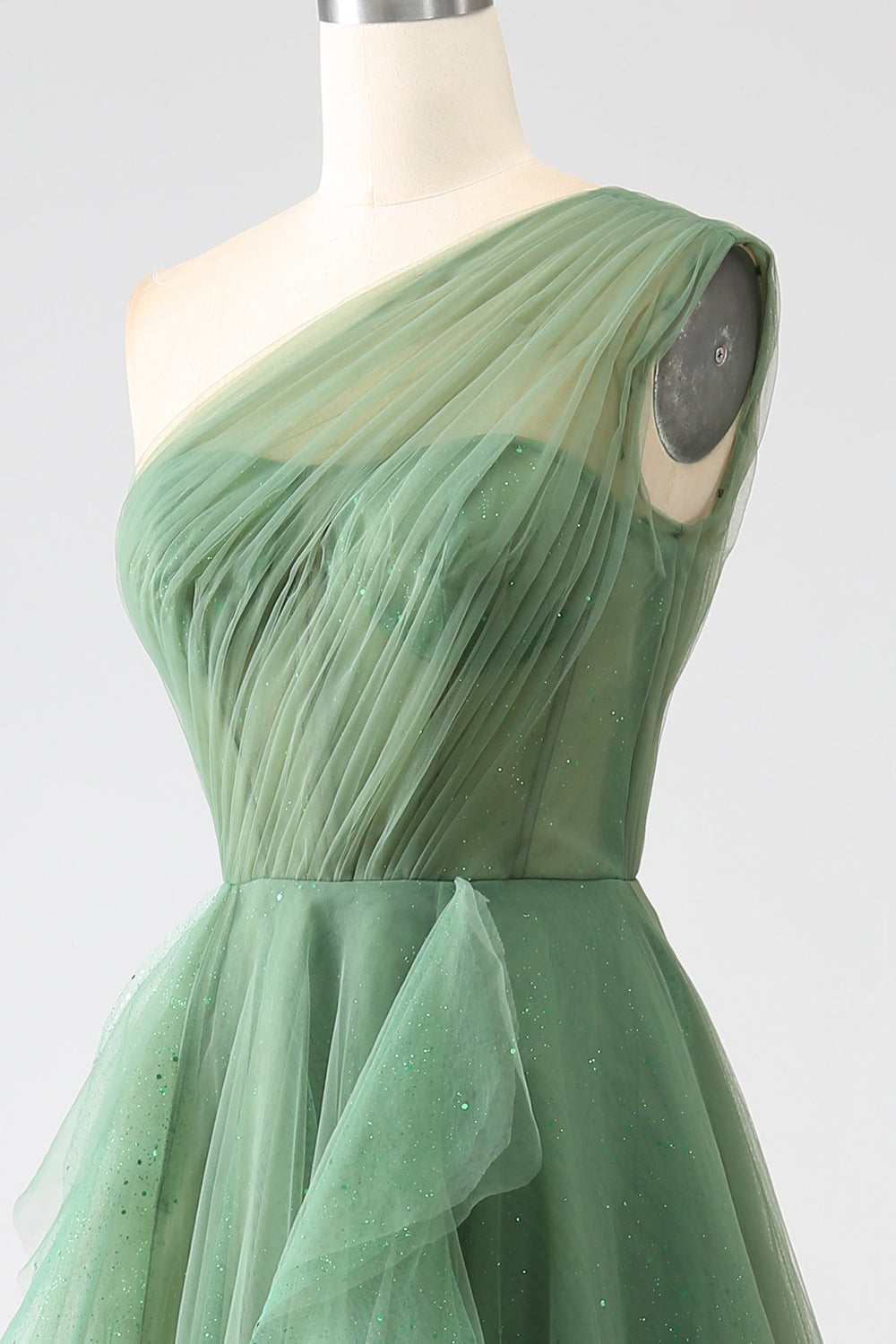 Dark Green Tulle A-Line One-Shoulder Long Ball Dresses