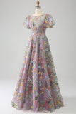 Mauve Ball-Gown/Princess Embroidered Ball Dress with Short Sleeves