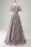 Mauve Ball-Gown/Princess Embroidered Ball Dress with Short Sleeves