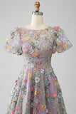 Mauve Ball-Gown/Princess Embroidered Ball Dress with Short Sleeves