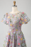 Mauve Ball-Gown/Princess Embroidered Ball Dress with Short Sleeves