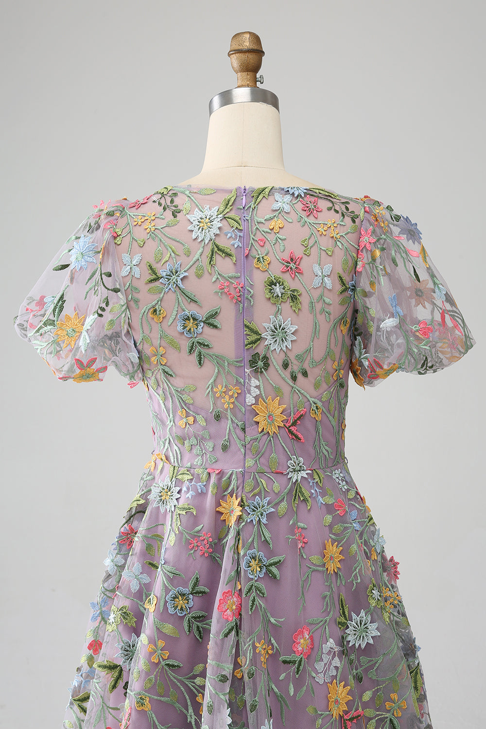 Mauve Ball-Gown/Princess Embroidered Ball Dress with Short Sleeves