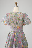 Mauve Ball-Gown/Princess Embroidered Ball Dress with Short Sleeves