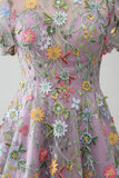 Mauve Ball-Gown/Princess Embroidered Ball Dress with Short Sleeves
