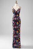 Black Floral Mermaid Spaghetti Straps Long Ball Dress With Embroidery