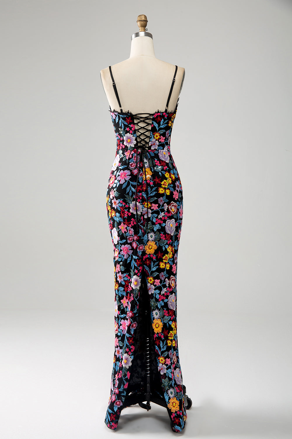 Black Floral Mermaid Spaghetti Straps Long Ball Dress With Embroidery