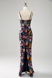 Black Floral Mermaid Spaghetti Straps Long Ball Dress With Embroidery