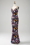Black Floral Mermaid Spaghetti Straps Long Ball Dress With Embroidery