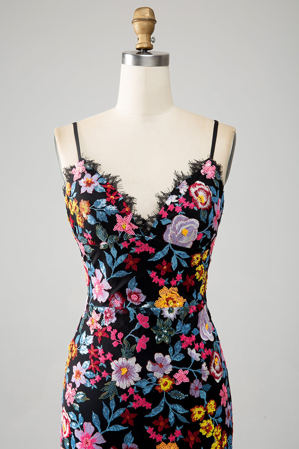 Black Floral Mermaid Spaghetti Straps Long Ball Dress With Embroidery