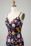 Black Floral Mermaid Spaghetti Straps Long Ball Dress With Embroidery