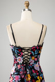 Black Floral Mermaid Spaghetti Straps Long Ball Dress With Embroidery