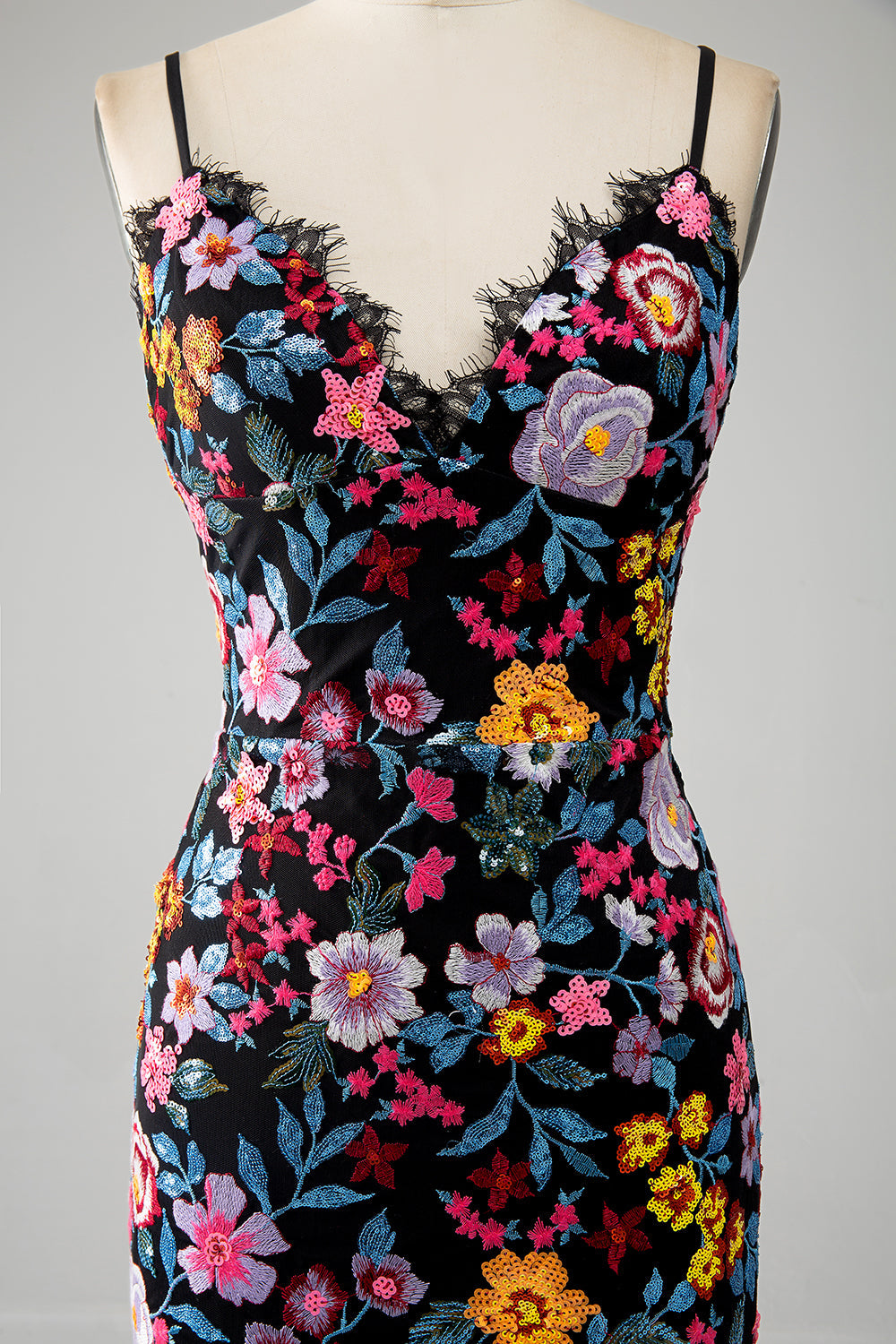 Black Floral Mermaid Spaghetti Straps Long Ball Dress With Embroidery