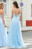 Charming A Line Spaghetti Straps Sky Blue Long Ball Dress with Split Front
