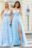 Charming A Line Spaghetti Straps Sky Blue Long Ball Dress with Split Front