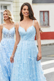 Charming A Line Spaghetti Straps Sky Blue Long Ball Dress with Split Front