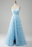 Sky Blue A Line Spaghetti Straps Sparkly Beaded Ball Dress with 3D Butterflies