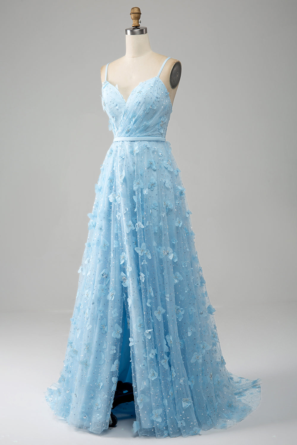 Sky Blue A Line Spaghetti Straps Sparkly Beaded Ball Dress with 3D Butterflies