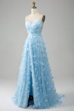 Sky Blue A Line Spaghetti Straps Sparkly Beaded Ball Dress with 3D Butterflies