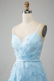 Sky Blue A Line Spaghetti Straps Sparkly Beaded Ball Dress with 3D Butterflies