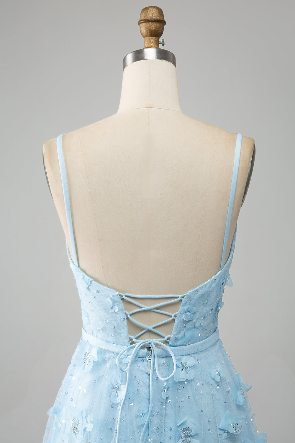 Sky Blue A Line Spaghetti Straps Sparkly Beaded Ball Dress with 3D Butterflies