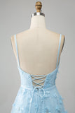 Sky Blue A Line Spaghetti Straps Sparkly Beaded Ball Dress with 3D Butterflies