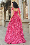 Spaghetti Straps Hot Pink A-Line Long Ball Dress with Slit