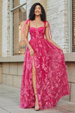 Spaghetti Straps Hot Pink A-Line Long Ball Dress with Slit