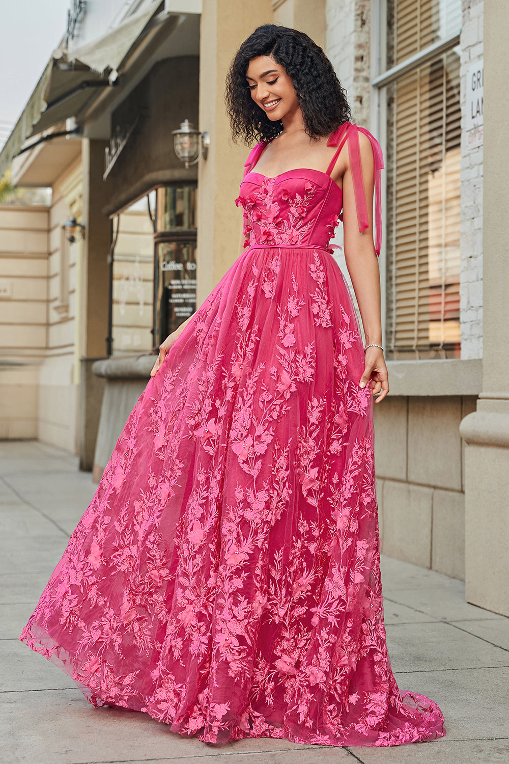 Spaghetti Straps Hot Pink A-Line Long Ball Dress with Slit