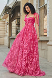 Spaghetti Straps Hot Pink A-Line Long Ball Dress with Slit