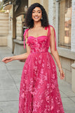 Spaghetti Straps Hot Pink A-Line Long Ball Dress with Slit