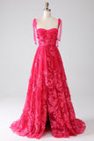 A-Line Spaghetti Straps Fuchsia Long Ball Dress with Slit