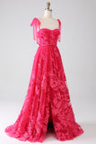 A-Line Spaghetti Straps Fuchsia Long Ball Dress with Slit