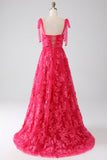 A-Line Spaghetti Straps Fuchsia Long Ball Dress with Slit