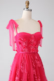 A-Line Spaghetti Straps Fuchsia Long Ball Dress with Slit