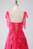 A-Line Spaghetti Straps Fuchsia Long Ball Dress with Slit