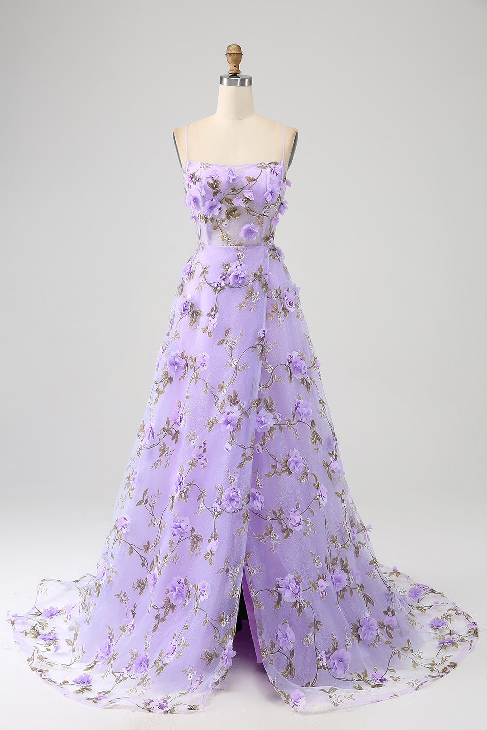 Lilac A-Line Spaghetti Straps Long Ball Dress with 3D Flowers