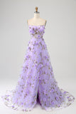 Lilac A-Line Spaghetti Straps Long Ball Dress with 3D Flowers