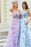 Gorgeous A Line Spaghetti Straps Lilac Long Ball Dress with 3D Flowers