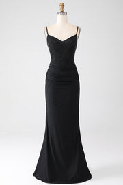 Sparkly Mermaid Spaghetti Straps Black Long Ball Dress with Beading
